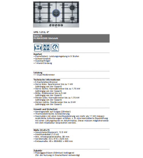 Bosch博世嵌入式五眼燃气灶PCR9A5C90D